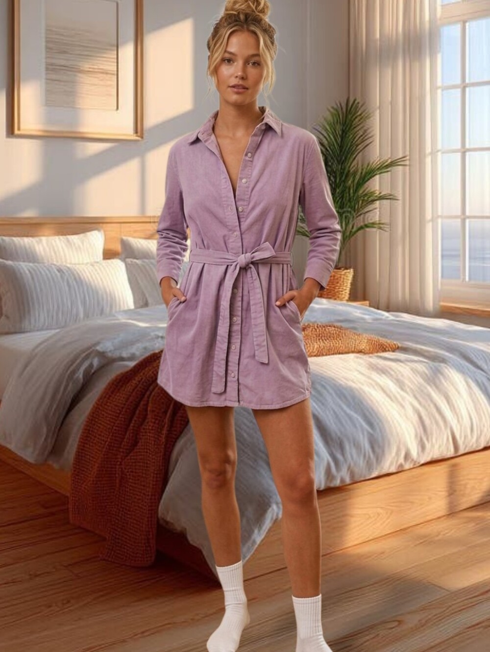 AMERICAN APPAREL New Belted Lilac Chamblay Shirt Dress